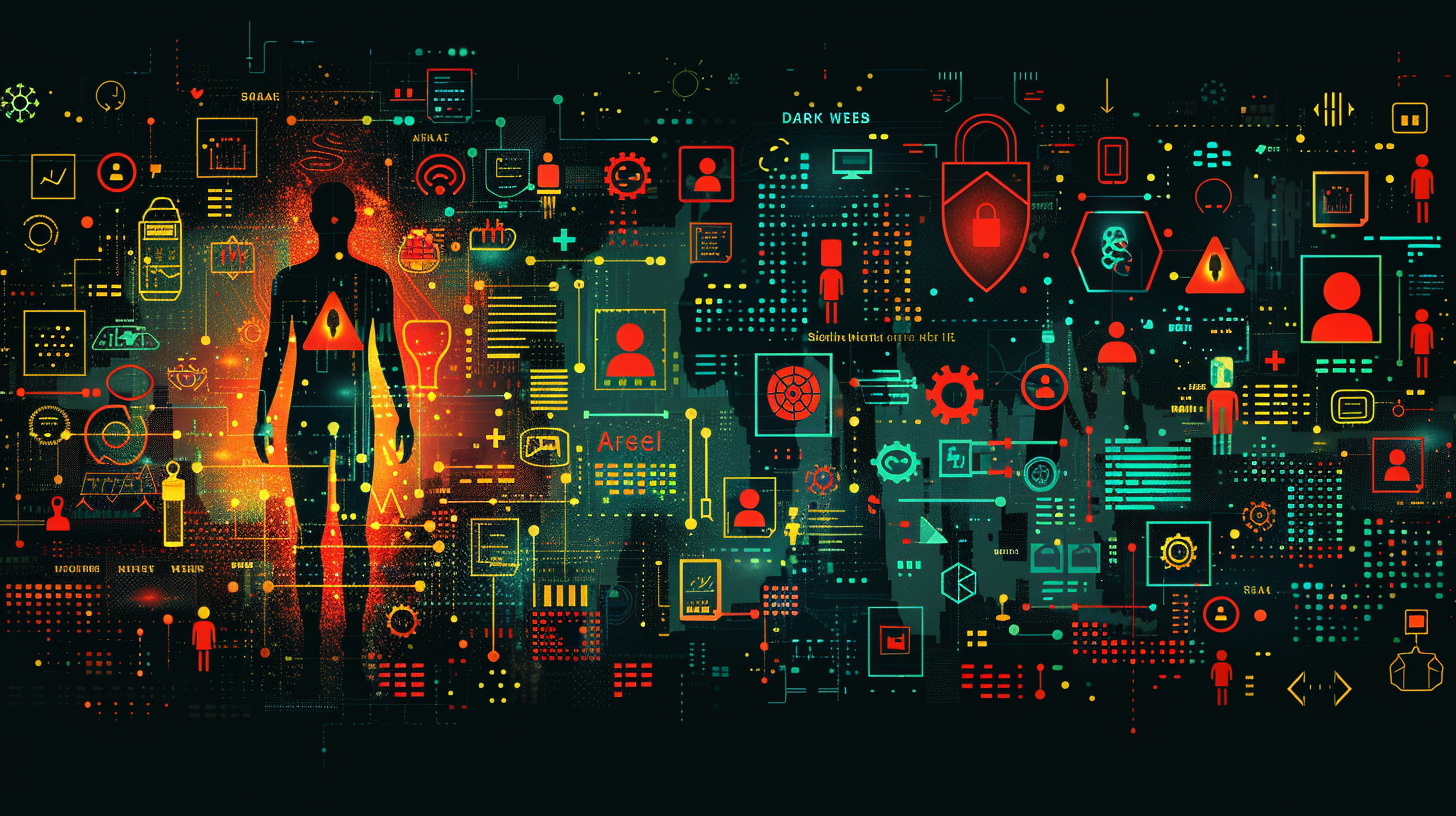 Flat design comparing Dark Web alerts to other cybersecurity measures Silhouette of a person surrounded by colorful cybersecurity icons, symbols, and a "dark web alert" notification on a digital interface background.