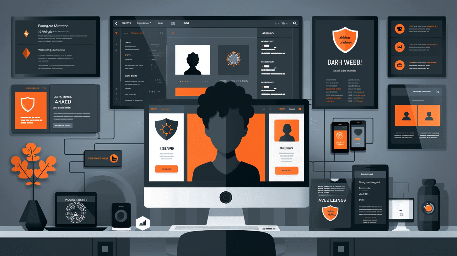 Flat design illustrating Dark Web monitor tools The computer desk displays a network security interface with various screens and icons. A central monitor, displaying a silhouetted profile and security badges, prompts the user to consider a dark web alert notification for enhanced privacy protection.