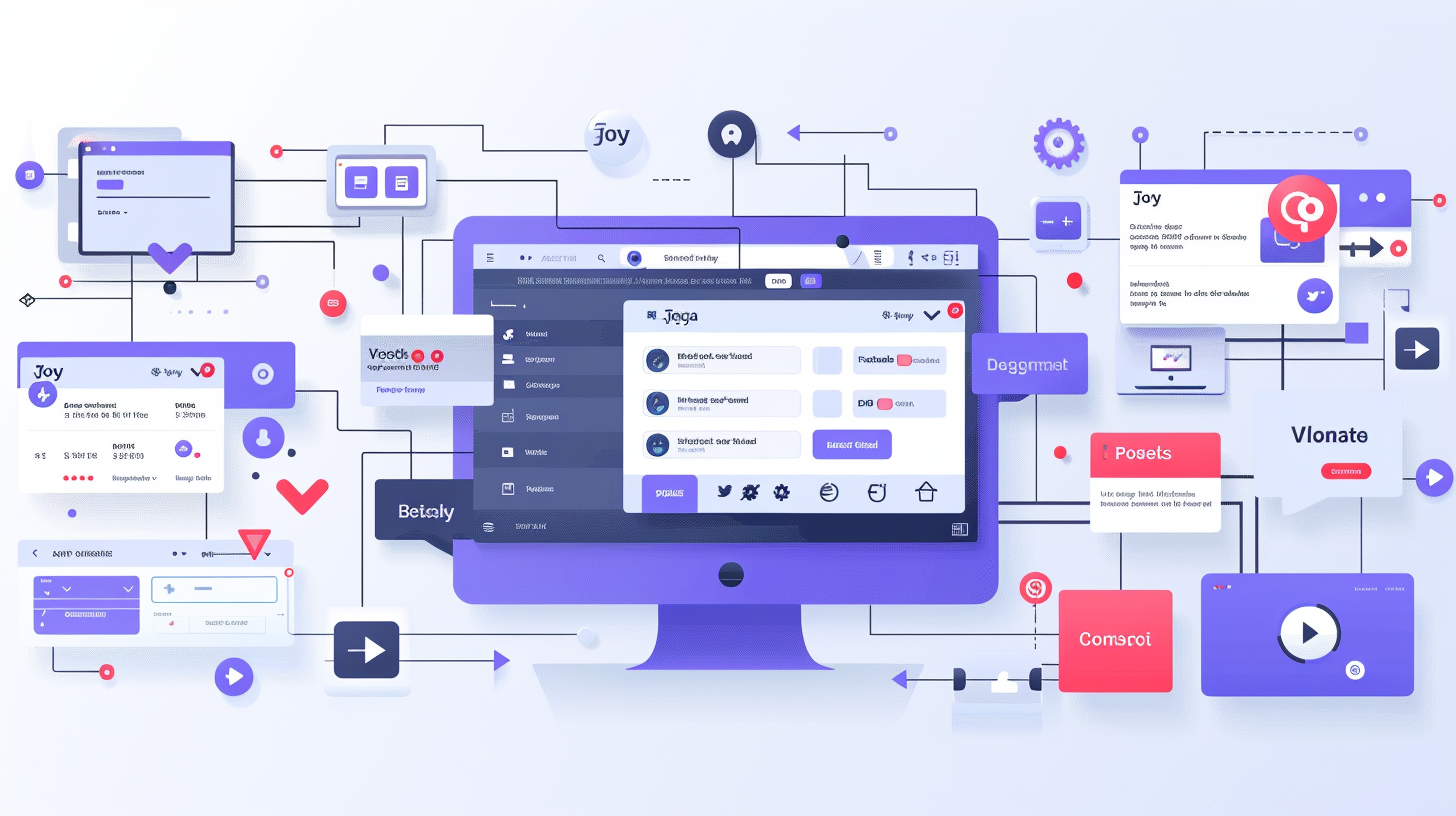 Flat design illustrating Yahoo removal process A digital interface design with interconnected icons and text boxes on a computer screen, showcasing user profiles and various notifications in a network layout, leaves users wondering why their browser keeps redirecting to Yahoo.