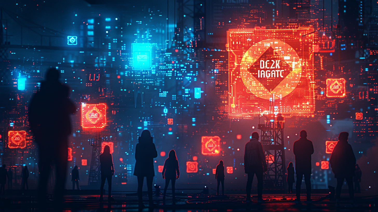Flat design interpretation of Dark Web alert concept What Is Dark Web Alert featuring silhouetted figures stand before a digital wall displaying red and blue glowing data and symbols, reminiscent of a dark web alert pulsing with mysterious energy.