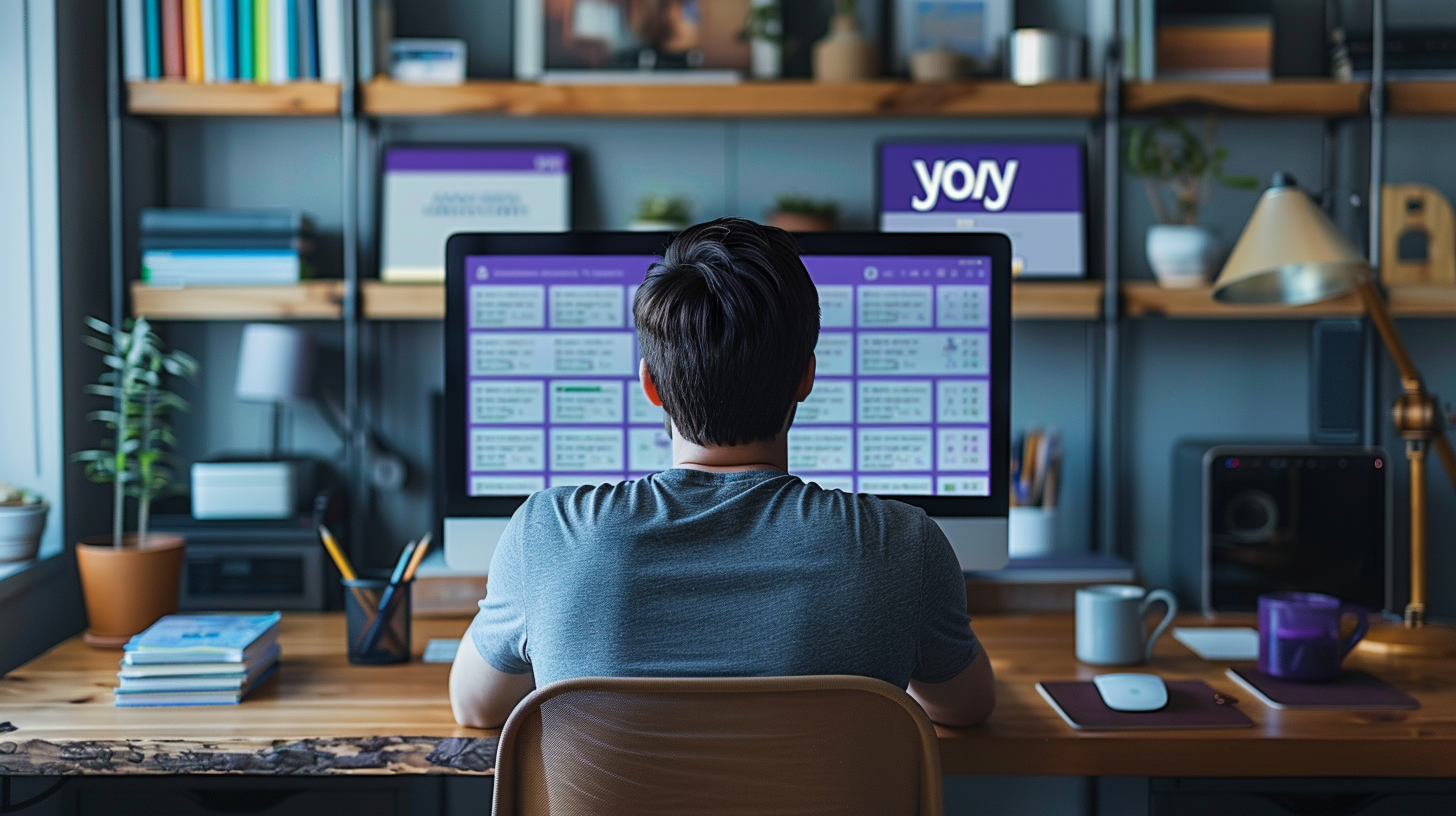 Computer screen cluttered with pop-up ads, searching for browser reset. A person puzzled by why their browser keeps going to Yahoo sits at a desk in a home office, facing a computer monitor with multiple windows open. In the background, shelves are filled with books and plants, adding to the room's vibrant yet serene atmosphere.