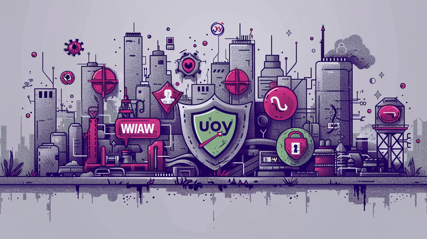 Flat design of browser hijacker warning An illustration of a cityscape interwoven with digital symbols like shields, locks, and icons highlights cybersecurity themes. It prompts the question: why does browser keep going to Yahoo, hinting at underlying security concerns in our digital navigation.