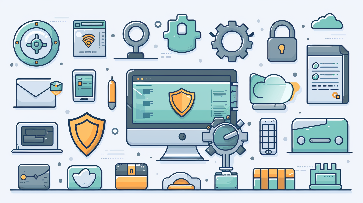 Flat design of browser protection measures Illustration of cybersecurity icons, featuring shields, locks, gears, and various gadgets encircling a central computer monitor. As it displays a security emblem, ponder the question: why does the browser keep going to Yahoo?