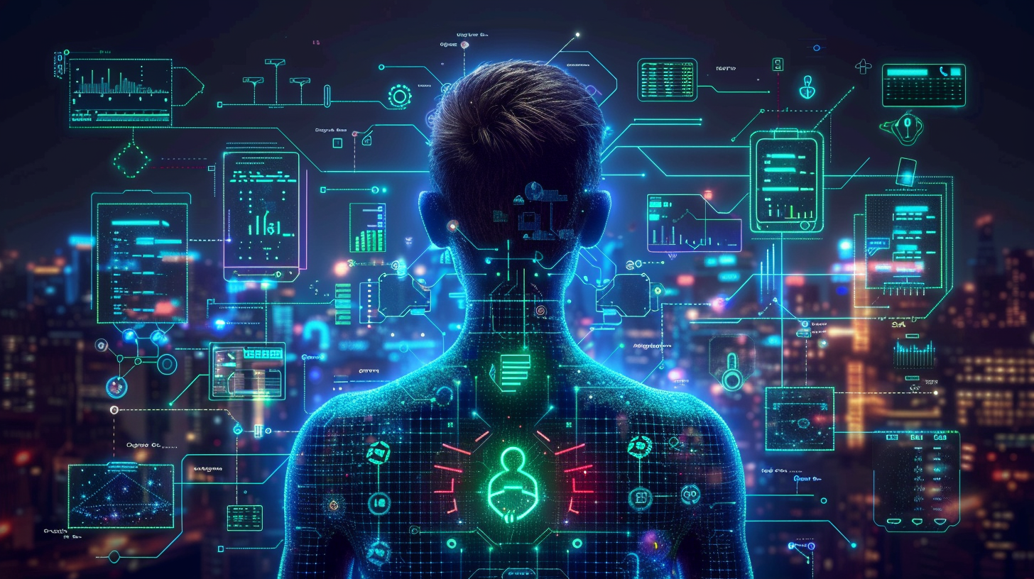 Flat design of cybersecurity and digital identity protection Amidst a silhouette of a person surrounded by digital graphics and data symbols, the blurred cityscape with glowing lights hints at secrets hidden in the shadows, reminiscent of a dark web alert.