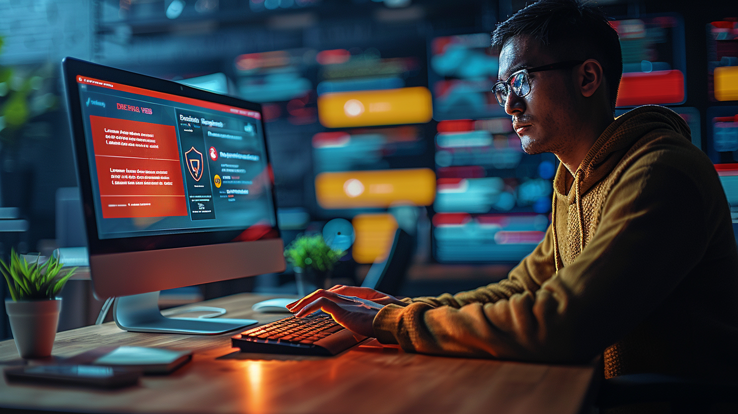 Flat design of responding to a Dark Web alert In a dimly lit room, a person focuses intently on a computer screen awash with cybersecurity alerts, pondering the implications of a dark web alert. Meanwhile, vibrant screens pulse colorfully in the background, adding to the high-tech ambiance.