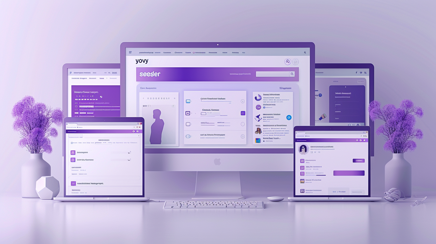 Flat design of search engine changes Four screens displaying a purple-themed interface show text boxes and icons, echoing the query "Why does browser keep going to Yahoo?" Two laptops, a desktop, and a tablet sit on the desk adorned with purple flower vases.