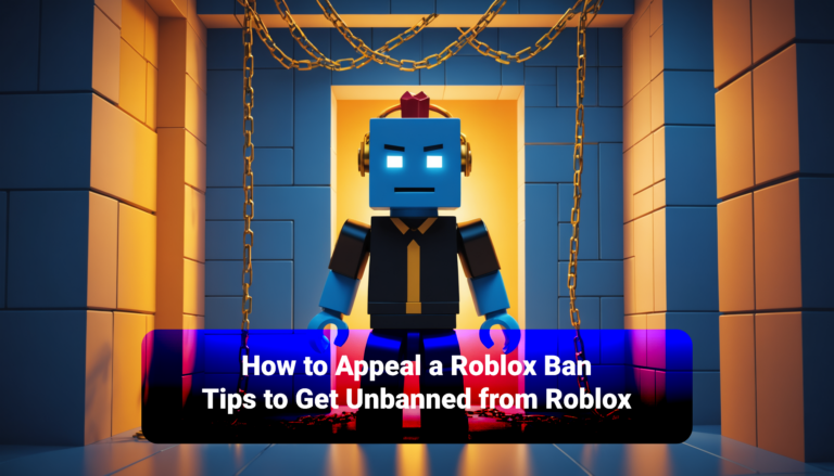 In a vibrant blue and yellow room adorned with chains, a Roblox character stands thoughtfully. Text overlay reads: "Master the Art - How to Appeal a Roblox Ban: Essential Tips to Get Unbanned.
