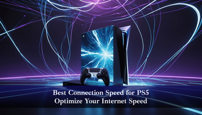 A PlayStation 5 with a controller in front, enveloped by vibrant blue and white light streaks, highlights the "Best Connection Speed for PS5" to optimize your gaming experience ever.