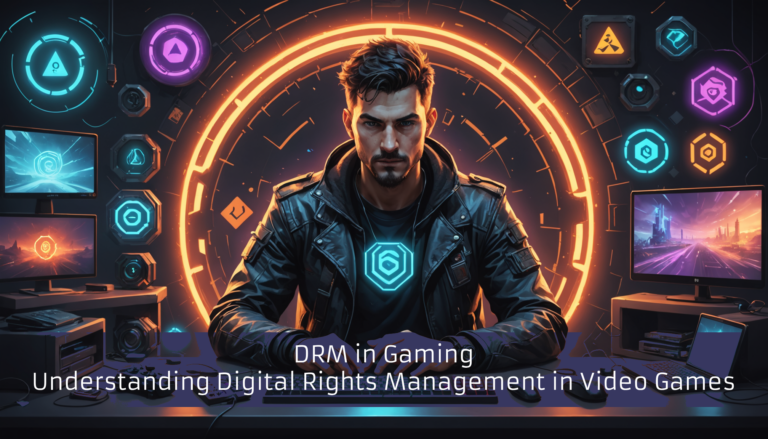 A person in a futuristic setting sits before computers glowing with digital symbols, pondering the complexities of DRM in Gaming. Text reads: "Understanding Digital Rights Management in Video Games.