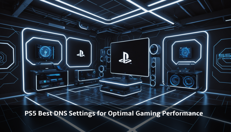 Step into a futuristic gaming room where PS5 consoles and accessories bask under glowing blue lights. Discover the "PS5 Best DNS Settings" for an unparalleled, smooth gaming performance that'll keep you ahead in every match.