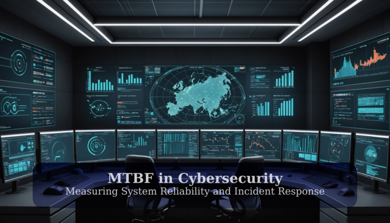 A cybersecurity control room brims with screens showcasing maps, graphs, and data. Text overlay reads: "Understanding MTBF in Cybersecurity: Assessing System Reliability and Streamlining Incident Response.