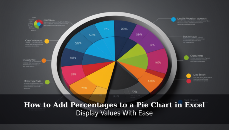 A colorful 3D pie chart with ten labeled sections illustrates data distribution and percentages. Overlaid with the text, "How to Add Percentages to a Pie Chart in Excel," it guides you to display values effortlessly.