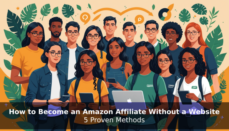 Diverse individuals with laptops and phones gather, highlighted by the text overlay: "5 Proven Methods on How to Become an Amazon Affiliate Without a Website.