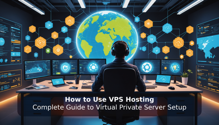 A man sits at a desk with multiple monitors displaying digital interfaces and a large globe. Text reads, "Complete Guide: How to Use VPS Hosting - Virtual Private Server Setup Made Easy.